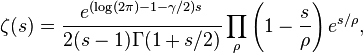 \zeta(s) = \frac{e^{(\log(2\pi)-1-\gamma/2)s}}{2(s-1)\Gamma(1+s/2)} \prod_\rho \left(1 - \frac{s}{\rho} \right) e^{s/\rho},\!