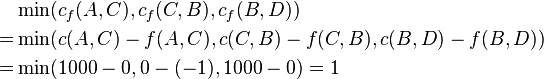 
\begin{align}
  & \min(c_f(A,C), c_f(C,B), c_f(B,D)) \\
= & \min(c(A,C)-f(A,C), c(C,B)-f(C,B), c(B,D)-f(B,D)) \\
= & \min(1000-0, 0-(-1), 1000-0) = 1
\end{align}
