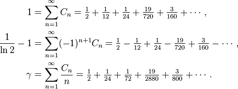 \begin{align}
  1 &= \sum_{n=1}^\infty C_n
    = \tfrac12 + \tfrac1{12} + \tfrac1{24} + \tfrac{19}{720} + \tfrac3{160} + \cdots,\\
 \frac1{\ln 2} - 1 &= \sum_{n=1}^\infty (-1)^{n+1}C_n = \tfrac12 - \tfrac1{12} + \tfrac1{24} - \tfrac{19}{720} + \tfrac3{160} - \cdots,\\
 \gamma &= \sum_{n=1}^\infty \frac{C_n}{n} = \tfrac12 + \tfrac1{24} + \tfrac1{72} + \tfrac{19}{2880} + \tfrac3{800} + \cdots.
\end{align}