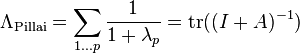 \Lambda_\text{Pillai} = \sum_{1\ldots p} \frac{1}{1 + \lambda_p} = \operatorname{tr}((I + A)^{-1})