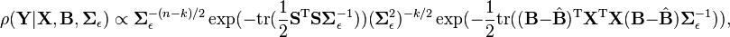 \rho(\mathbf{Y}|\mathbf{X},\mathbf{B},\boldsymbol\Sigma_{\epsilon}) \propto \boldsymbol\Sigma_{\epsilon}^{-(n-k)/2} \exp(-{\rm tr}(\frac{1}{2}\mathbf{S}^{\rm T}\mathbf{S} \boldsymbol\Sigma_{\epsilon}^{-1}))  
(\boldsymbol\Sigma_{\epsilon}^{2})^{-k/2} \exp(-\frac{1}{2} {\rm tr}((\mathbf{B}-\hat{\mathbf{B}})^{\rm T} \mathbf{X}^{\rm T}\mathbf{X}(\mathbf{B}-\hat{\mathbf{B}}) \boldsymbol\Sigma_{\epsilon}^{-1} ) )
,