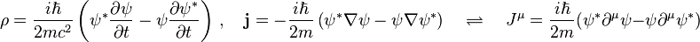 \rho = \frac{i\hbar}{2mc^2}\left(\psi^{*}\frac{\partial \psi}{\partial t} - \psi \frac{\partial \psi^*}{\partial t}\right)\, ,\quad \mathbf{j} = -\frac{i\hbar}{2m}\left(\psi^* \nabla \psi - \psi \nabla \psi^*\right)  \quad \rightleftharpoons  \quad J^\mu = \frac{i\hbar}{2m}(\psi^*\partial^\mu\psi - \psi\partial^\mu\psi^*) 