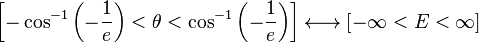 \left [ -\cos^{-1}\left(-\frac{1}{e}\right) < \theta < \cos^{-1}\left(-\frac{1}{e}\right)\right ]  \longleftrightarrow \left [-\infin < E < \infin \right ] 