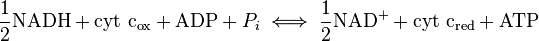 
\frac{1}{2}\mathrm{NADH} + \mathrm{cyt~c_{ox}} + \mathrm{ADP} + P_i \iff \frac{1}{2}\mathrm{NAD^{+}} + \mathrm{cyt~c_{red}} + \mathrm{ATP}
