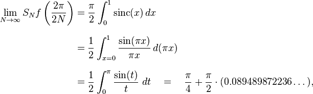 
\begin{align}
\lim_{N \to \infty} S_N f\left(\frac{2\pi}{2N}\right)
& = \frac{\pi}{2} \int_0^1 \operatorname{sinc}(x)\, dx \\[8pt]
& = \frac{1}{2} \int_{x=0}^1 \frac{\sin(\pi x)}{\pi x}\, d(\pi x) \\[8pt]
& = \frac{1}{2} \int_0^\pi \frac{\sin(t)}{t}\ dt \quad = \quad \frac{\pi}{4} + \frac{\pi}{2} \cdot (0.089489872236\dots),
\end{align}
