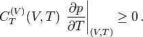 C^{(V)}_T(V,T)\,\left.\frac{\partial p}{\partial T}\right|_{(V,T)} \geq 0\,.