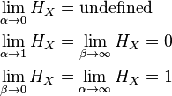  \begin{align}
&\lim_{\alpha\to  0} H_X = \text{undefined} \\
&\lim_{\alpha\to  1} H_X = \lim_{\beta \to  \infty} H_X  =  0 \\
&\lim_{\beta \to  0} H_X = \lim_{\alpha \to  \infty} H_X = 1
\end{align}