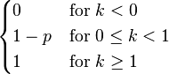 
    \begin{cases}
    0 & \text{for }k<0 \\ 1 - p & \text{for }0\leq k<1 \\ 1 & \text{for }k\geq 1
    \end{cases}
    