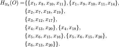 
\begin{align}
H_{\cong_{\varepsilon}}(O) = & \{ \{x_1, x_8, x_{10}, x_{11}\},\{x_1, x_9, x_{10}, x_{11}, x_{14}\},\\
& \{x_2, x_7, x_{18}, x_{19}\},\\
& \{x_3, x_{12}, x_{17}\},\\
& \{x_4, x_{13}, x_{20}\},\{x_4, x_{18}\},\\
& \{x_5, x_6, x_{15}, x_{16}\},\{x_5, x_6, x_{15}, x_{20}\},\\
& \{x_6, x_{13}, x_{20}\}\}.
\end{align}
