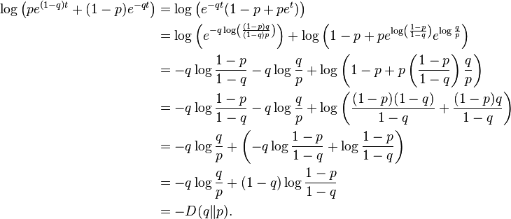 \begin{align}
\log \left (pe^{(1-q)t} + (1-p)e^{-qt} \right ) &= \log \left ( e^{-qt}(1-p+pe^t) \right ) \\
&= \log\left (e^{-q \log\left(\frac{(1-p)q}{(1-q)p}\right)}\right) + \log\left(1-p+pe^{\log\left(\frac{1-p}{1-q}\right)}e^{\log\frac{q}{p}}\right ) \\
&= -q\log\frac{1-p}{1-q} -q \log\frac{q}{p} + \log\left(1-p+ p\left(\frac{1-p}{1-q}\right)\frac{q}{p}\right) \\
&= -q\log\frac{1-p}{1-q} -q \log\frac{q}{p} + \log\left(\frac{(1-p)(1-q)}{1-q}+\frac{(1-p)q}{1-q}\right) \\
&= -q \log\frac{q}{p} + \left ( -q\log\frac{1-p}{1-q} + \log\frac{1-p}{1-q} \right ) \\
&= -q\log\frac{q}{p} + (1-q)\log\frac{1-p}{1-q} \\
&= -D(q \| p).
\end{align}