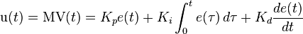 \mathrm{u}(t)=\mathrm{MV}(t)=K_p{e(t)} + K_{i}\int_{0}^{t}{e(\tau)}\,{d\tau} + K_{d}\frac{de(t)}{dt}