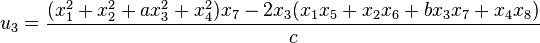 u_3 = \frac{(x_1^2+x_2^2+ax_3^2+x_4^2)x_7 - 2x_3(x_1 x_5 + x_2 x_6+ bx_3 x_7+ x_4 x_8)}{c}