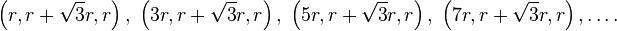 \left(r, r + \sqrt{3}r, r\right),\ \left(3r, r + \sqrt{3}r, r\right),\ \left(5r, r + \sqrt{3}r, r\right),\ \left(7r, r + \sqrt{3}r, r\right), \dots.