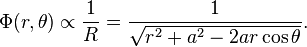 
\Phi (r, \theta ) \propto \frac{1}{R} = \frac{1}{\sqrt{r^{2} + a^{2} - 2ar \cos\theta}}.
