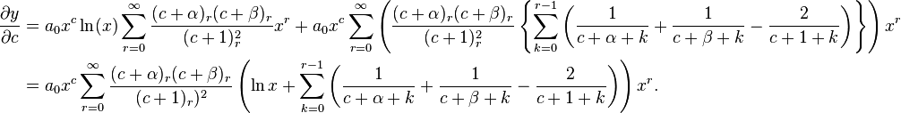 \begin{align}
 \frac{\partial y}{\partial c} &= a_0 x^c \ln(x) \sum_{r = 0}^\infty \frac{(c + \alpha)_r (c + \beta)_r}{(c + 1)_r^2} x^r + a_0 x^c \sum_{r = 0}^\infty \left(\frac{(c + \alpha)_r (c + \beta)_r}{(c + 1)_r^2}\left\{\sum_{k = 0}^{r - 1} \left(\frac{1}{c + \alpha + k} + \frac{1}{c + \beta + k}- \frac{2}{c + 1 + k} \right) \right\} \right) x^r \\
 &= a_0 x^c \sum_{r = 0}^\infty \frac{(c + \alpha)_r (c + \beta)_r}{(c + 1)_r)^2}\left(\ln x + \sum_{k = 0}^{r - 1} \left(\frac{1}{c + \alpha + k}+\frac{1}{c + \beta + k} - \frac{2}{c + 1 + k} \right) \right) x^r.
\end{align}