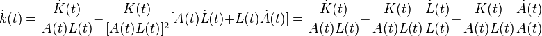 \dot{k}(t) = \frac{\dot{K}(t)}{A(t)L(t)} - \frac{K(t)}{[A(t)L(t)]^2}[A(t)\dot{L}(t)+L(t)\dot{A}(t)] = \frac{\dot{K}(t)}{A(t)L(t)} - \frac{K(t)}{A(t)L(t)} \frac{\dot{L}(t)}{L(t)} - \frac{K(t)}{A(t)L(t)} \frac{\dot{A}(t)}{A(t)}