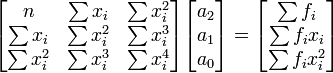 
\begin{bmatrix}
     n             &     \sum x_i       &     \sum x_i^2  \\ 
     \sum x_i      &     \sum x_i^2     &     \sum x_i^3  \\
     \sum x_i^2    &     \sum x_i^3     &     \sum x_i^4  
\end{bmatrix}

\begin{bmatrix}
     a_2      \\ 
     a_1      \\
     a_0   
\end{bmatrix}
=
\begin{bmatrix}
     \sum f_i       \\ 
     \sum f_i x_i   \\
     \sum f_i x_i^2
\end{bmatrix}
