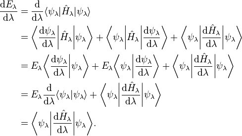 
\begin{align}
\frac{\mathrm{d} E_{\lambda}}{\mathrm{d}\lambda} &= \frac{\mathrm{d}}{\mathrm{d}\lambda}\langle\psi_\lambda|\hat{H}_{\lambda}|\psi_\lambda\rangle \\
&=\bigg\langle\frac{\mathrm{d}\psi_\lambda}{\mathrm{d}\lambda}\bigg|\hat{H}_{\lambda}\bigg|\psi_\lambda\bigg\rangle + \bigg\langle\psi_\lambda\bigg|\hat{H}_{\lambda}\bigg|\frac{\mathrm{d}\psi_\lambda}{\mathrm{d}\lambda}\bigg\rangle + \bigg\langle\psi_\lambda\bigg|\frac{\mathrm{d}\hat{H}_{\lambda}}{\mathrm{d}\lambda}\bigg|\psi_\lambda\bigg\rangle \\
&=E_{\lambda}\bigg\langle\frac{\mathrm{d}\psi_\lambda}{\mathrm{d}\lambda}\bigg|\psi_\lambda\bigg\rangle + E_{\lambda}\bigg\langle\psi_\lambda\bigg|\frac{\mathrm{d}\psi_\lambda}{\mathrm{d}\lambda}\bigg\rangle + \bigg\langle\psi_\lambda\bigg|\frac{\mathrm{d}\hat{H}_{\lambda}}{\mathrm{d}\lambda}\bigg|\psi_\lambda\bigg\rangle \\
&=E_{\lambda}\frac{\mathrm{d}}{\mathrm{d}\lambda}\langle\psi_\lambda|\psi_\lambda\rangle + \bigg\langle\psi_\lambda\bigg|\frac{\mathrm{d}\hat{H}_{\lambda}}{\mathrm{d}\lambda}\bigg|\psi_\lambda\bigg\rangle \\
&=\bigg\langle\psi_\lambda\bigg|\frac{\mathrm{d}\hat{H}_{\lambda}}{\mathrm{d}\lambda}\bigg|\psi_\lambda\bigg\rangle.
\end{align}
