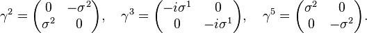 \gamma^2 = \begin{pmatrix} 0 & -\sigma^2 \\ \sigma^2 & 0 \end{pmatrix}, \quad \gamma^3 = \begin{pmatrix} -i\sigma^1 & 0 \\ 0 & -i\sigma^1 \end{pmatrix}, \quad \gamma^5 = \begin{pmatrix} \sigma^2 & 0 \\ 0 & -\sigma^2 \end{pmatrix}.