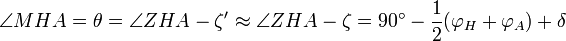  \angle MHA = \theta = \angle ZHA - \zeta' \approx \angle ZHA - \zeta = 90^\circ - \frac{1}{2} (\varphi_H + \varphi_A) + \delta 