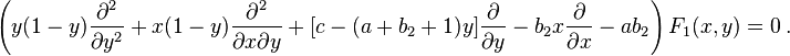 
\left( y(1-y) \frac {\partial^2} {\partial y^2} + x(1-y) \frac {\partial^2} 
{\partial x \partial y} + [c - (a+b_2+1) y] \frac {\partial} {\partial y} - b_2 x 
\frac {\partial} {\partial x} - a b_2 \right) F_1(x,y) = 0 ~.
