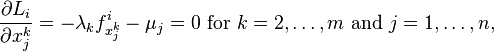 \frac{\partial L_i}{\partial x_j^k} = -\lambda_k f_{x^k_j}^i-\mu_j=0 \text{ for }k= 2,\ldots,m \text{ and }j=1,\ldots,n,