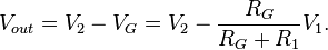 V_{out} = V_2 - V_G = V_2 - \frac{R_G}{R_G+R_1}V_1.\,