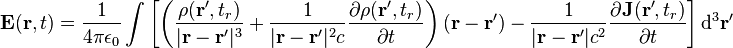 \mathbf {E} (\mathbf {r} ,t)={\frac {1}{4\pi \epsilon _{0}}}\int \left[\left({\frac {\rho (\mathbf {r} ',t_{r})}{|\mathbf {r} -\mathbf {r} '|^{3}}}+{\frac {1}{|\mathbf {r} -\mathbf {r} '|^{2}c}}{\frac {\partial \rho (\mathbf {r} ',t_{r})}{\partial t}}\right)(\mathbf {r} -\mathbf {r} ')-{\frac {1}{|\mathbf {r} -\mathbf {r} '|c^{2}}}{\frac {\partial \mathbf {J} (\mathbf {r} ',t_{r})}{\partial t}}\right]\mathrm {d} ^{3}\mathbf {r} '