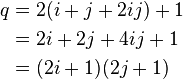 \begin{align}
q &= 2(i + j + 2ij) + 1 \\
&= 2i + 2j + 4ij + 1 \\
&= (2i + 1)(2j + 1)
\end{align}