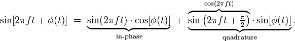 
\sin[2\pi ft + \phi(t)]\ =\ \underbrace{
\sin(2\pi ft)\cdot \cos[\phi(t)]}_{\text {in-phase}
}\ +\ \underbrace{
\overbrace{
\sin\left(2\pi ft + \tfrac{\pi}{2} \right)}^{\cos(2\pi ft)
}\cdot \sin[\phi(t)]
}_{\text {quadrature}}.
