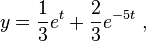 y = \frac{1}{3}e^{t} + \frac{2}{3}e^{-5t}~,