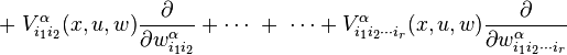 \qquad + \ V^{\alpha}_{i_{1}i_{2}}(x,u,w) \frac{\partial}{\partial w^{\alpha}_{i_{1}i_{2}}} + \cdots \ + \ \cdots + V^{\alpha}_{i_{1}i_{2} \cdots i_{r}}(x,u,w) \frac{\partial}{\partial w^{\alpha}_{i_{1}i_{2} \cdots i_{r}}}\,