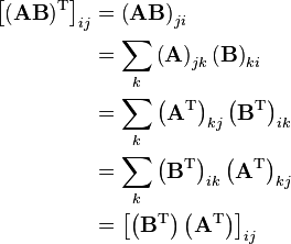 \begin{align}
\left[(\mathbf{AB})^\mathrm{T}\right]_{ij}&=\left(\mathbf{AB}\right)_{ji}\\
&=\sum_k\left(\mathbf{A}\right)_{jk}\left(\mathbf{B}\right)_{ki}\\
&=\sum_k\left(\mathbf{A}^\mathrm{T}\right)_{kj}\left(\mathbf{B}^\mathrm{T}\right)_{ik}\\
&=\sum_k\left(\mathbf{B}^\mathrm{T}\right)_{ik}\left(\mathbf{A}^\mathrm{T}\right)_{kj}\\
&=\left[\left(\mathbf{B}^\mathrm{T}\right)\left(\mathbf{A}^\mathrm{T}\right)\right]_{ij}
\end{align}