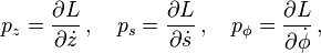 p_z =\frac{\partial L}{\partial\dot z}\,,\quad p_s =\frac{\partial L}{\partial \dot s}\,,\quad p_\phi =\frac{\partial L}{\partial \dot \phi}\,,