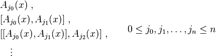 \begin{align}
&A_{j_0} (x)~,\\
&[A_{j_{0}} (x), A_{j_{1}} (x)]~,\\
&[[A_{j_{0}} (x), A_{j_{1}} (x)], A_{j_{2}} (x)]~,\\
&\quad\vdots\quad
\end{align}
\qquad 0 \leq j_{0}, j_{1}, \ldots, j_{n} \leq n
