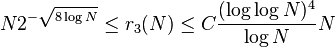 N2^{-\sqrt{8\log N}} \leq r_3(N) \leq C\frac{(\log \log N)^4}{\log N}N