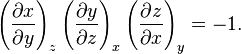 \left(\frac{\partial x}{\partial y}\right)_z\left(\frac{\partial y}{\partial z}\right)_x\left(\frac{\partial z}{\partial x}\right)_y = -1.