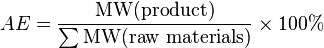 AE = \frac{\text{MW(product)}}{\sum \text{MW(raw materials)}}\times 100\%