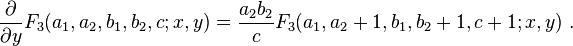 
\frac {\partial} {\partial y} F_3(a_1,a_2,b_1,b_2,c; x,y) = \frac {a_2 b_2} {c} F_3(a_1,a_2+1,b_1,b_2+1,c+1; x,y) ~.
