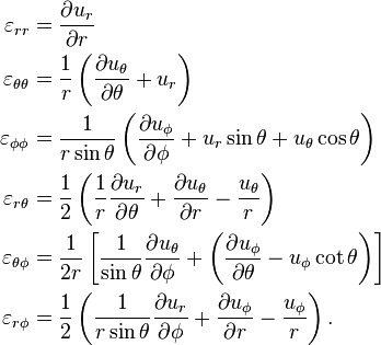 
  \begin{align}
    \varepsilon_{rr} & = \frac{\partial u_r}{\partial r}\\
    \varepsilon_{\theta\theta}& = \frac{1}{r}\left(\frac{\partial u_\theta}{\partial \theta} + u_r\right)\\
 \varepsilon_{\phi\phi} & = \frac{1}{r\sin\theta}\left(\frac{\partial u_\phi}{\partial \phi} + u_r\sin\theta + u_\theta\cos\theta\right)\\
   \varepsilon_{r\theta} & = \frac{1}{2}\left(\frac{1}{r}\frac{\partial u_r}{\partial \theta} + \frac{\partial u_\theta}{\partial r}- \frac{u_\theta}{r}\right) \\
   \varepsilon_{\theta \phi}  & = \frac{1}{2r}\left[\frac{1}{\sin\theta}\frac{\partial u_\theta}{\partial \phi} +\left(\frac{\partial u_\phi}{\partial \theta}-u_\phi \cot\theta\right)\right]\\
   \varepsilon_{r \phi} & = \frac{1}{2} \left(\frac{1}{r \sin \theta} \frac{\partial u_r}{\partial \phi} + \frac{\partial u_\phi}{\partial r} - \frac{u_\phi}{r}\right).
    \end{align}
