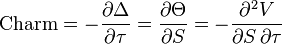 \text{Charm} =- \frac{\partial \Delta}{\partial \tau} = \frac{\partial \Theta}{\partial S} = -\frac{\partial^2 V}{\partial S \, \partial \tau}