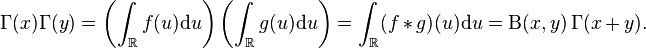  \Gamma(x) \Gamma(y) = \left(\int_{\R}f(u)\mathrm{d}u\right) \left( \int_{\R} g(u) \mathrm{d}u \right) = \int_{\R}(f*g)(u)\mathrm{d}u =\Beta(x, y)\,\Gamma(x+y).