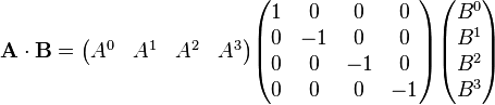 \mathbf{A \cdot B} = \begin{pmatrix} A^0 & A^1 & A^2 & A^3 \end{pmatrix} \begin{pmatrix} 1 & 0 & 0 & 0 \\ 0 & -1 & 0 & 0 \\ 0 & 0 & -1 & 0 \\ 0 & 0 & 0 & -1 \end{pmatrix} \begin{pmatrix} B^0 \\ B^1 \\ B^2 \\ B^3 \end{pmatrix} 