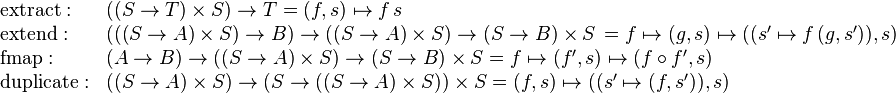 \begin{array}{ll}
\text{extract}: & ((S \rarr T) \times S) \rarr T = (f, s) \mapsto f \, s \\
\text{extend}: & (((S \rarr A) \times S) \rarr B) \rarr ((S \rarr A) \times S) \rarr (S \rarr B) \times S \, = f \mapsto (g, s) \mapsto ((s' \mapsto f \, (g, s')), s) \\
\text{fmap}: & (A \rarr B) \rarr ((S \rarr A) \times S) \rarr (S \rarr B) \times S = f \mapsto (f', s) \mapsto (f \circ f', s) \\
\text{duplicate}: & ((S \rarr A) \times S) \rarr (S \rarr ((S \rarr A) \times S)) \times S = (f, s) \mapsto ((s' \mapsto (f, s')), s)
\end{array}
