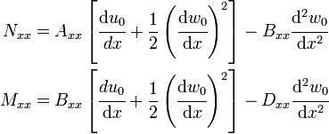 
\begin{align}
N_{xx} & = 
 A_{xx}\left[\cfrac{\mathrm{d}u_0}{dx} + \frac{1}{2}\left(\cfrac{\mathrm{d}w_0}{\mathrm{d}x}\right)^2 \right] -
 B_{xx}\cfrac{\mathrm{d}^2w_0}{\mathrm{d}x^2} \\
M_{xx} & = 
 B_{xx}\left[\cfrac{du_0}{\mathrm{d}x} + \frac{1}{2}\left(\cfrac{\mathrm{d}w_0}{\mathrm{d}x}\right)^2 \right] -
 D_{xx}\cfrac{\mathrm{d}^2w_0}{\mathrm{d}x^2} 
\end{align}
