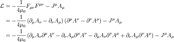 
\begin{align}
\mathcal{L} & = -\frac{1}{4\mu_0} F_{\mu\nu} F^{\mu\nu} - J^\mu A_\mu \\
& = - \frac{1}{4\mu_0} \left( \partial_\mu A_\nu - \partial_\nu A_\mu \right) \left( \partial^\mu A^\nu - \partial^\nu A^\mu \right) - J^\mu A_\mu \\
& = -\frac{1}{4\mu_0} \left( \partial_\mu A_\nu \partial^\mu A^\nu - \partial_\nu A_\mu \partial^\mu A^\nu - \partial_\mu A_\nu \partial^\nu A^\mu + \partial_\nu A_\mu \partial^\nu A^\mu \right) - J^\mu A_\mu \\
\end{align}
