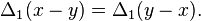 \,\Delta_1(x-y) = \Delta_1(y-x).