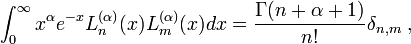 \int_0^{\infty}x^\alpha e^{-x} L_n^{(\alpha)}(x)L_m^{(\alpha)}(x)dx=\frac{\Gamma(n+\alpha+1)}{n!}\delta_{n,m}~,