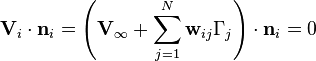 \mathbf{V}_i \cdot \mathbf{n}_i = \left( \mathbf{V}_\infty + \sum_{j=1}^N \mathbf{w}_{ij} \Gamma_j \right) \cdot \mathbf{n}_i = 0
