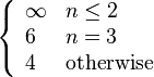 \left\{\begin{array}{ll}\infty & n \le 2\\ 6 & n = 3\\ 4 & \text{otherwise}\end{array}\right.